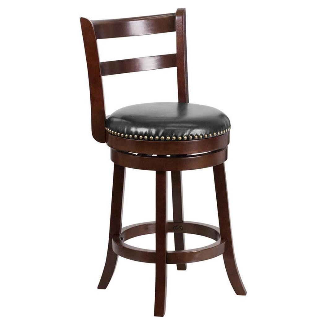 26'' Cappuccino Wood Counter Height Stool with Black Leather Swivel Seat